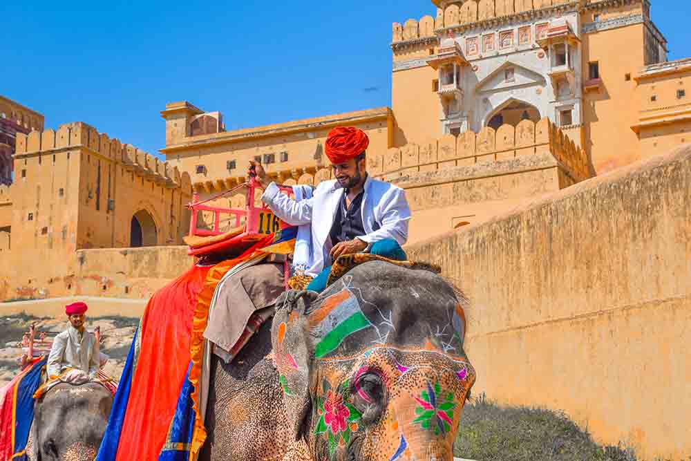 coloufully painted and decorated elephants. All set to give a safari experience at Amer Fort, Jaipur