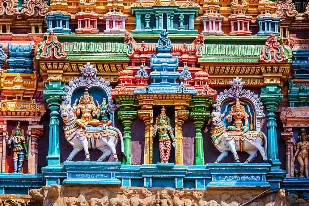 Colourful Temple sculptures in Hindu Temple Tower-South India I Sculptures of Hindu Gods- Temples of Tamil Nadu