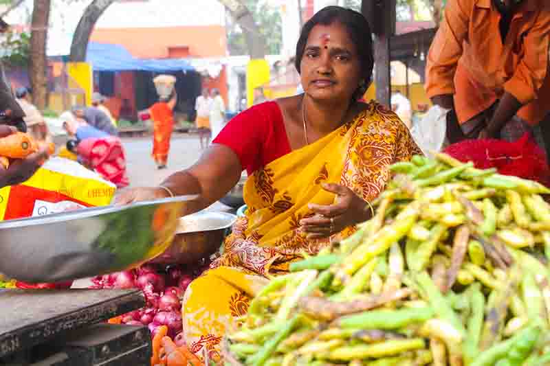 A local South Indian woman selling vegetables in the local street market I south Indian woman in a bright saree