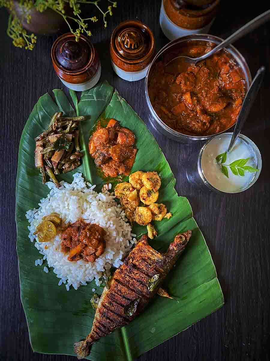 South Indian  banana leaf meal I Traditional South Indian Cuisine served on banana leaf I delicious Indian Thali