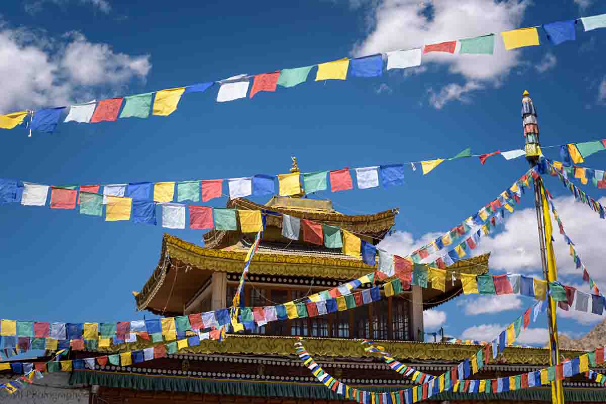 Stupa & Monastery View I Colourful Buddhist Prayer flags on a Buddhist Temple, Himalayas I Tour Trans- Himalayas
